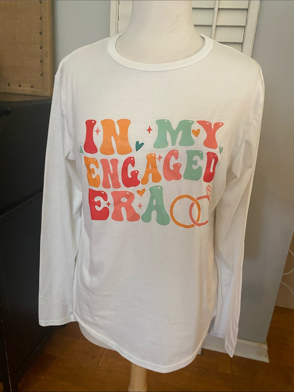 White Long Sleeve Tee with Colorful "In My Engaged Era" Print